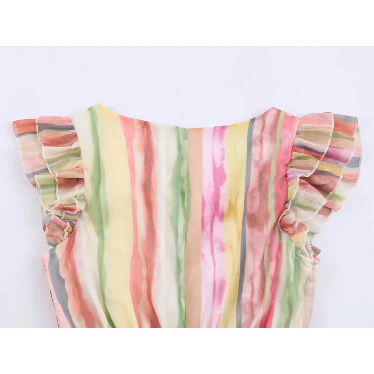 Close-up of back neckline and ruffle sleeves