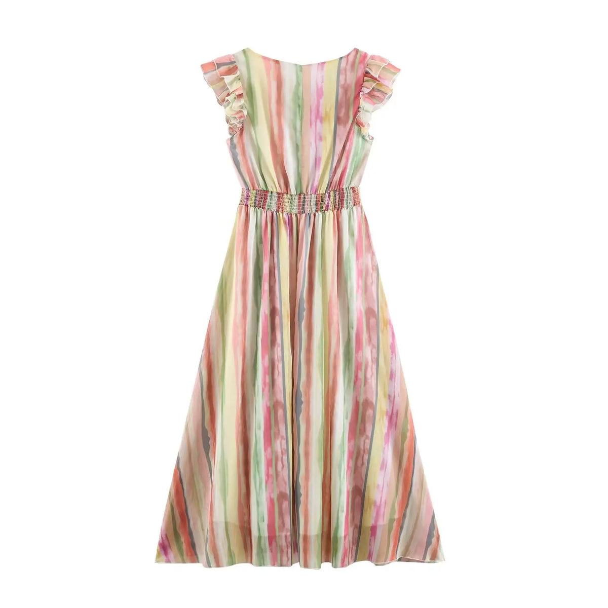 Back flat lay of watercolor stripe V neck ruffle sleeve smocked maxi dress
