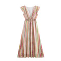 Front flat lay of watercolor stripe V neck ruffle sleeve smocked maxi dress