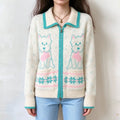 Female model wears cream zip up knit cardigan, teal trim collar and cuffs, two west highland terrier dog jacquard patterns on front, snowflake and wavy stripe hem, front full torso shot