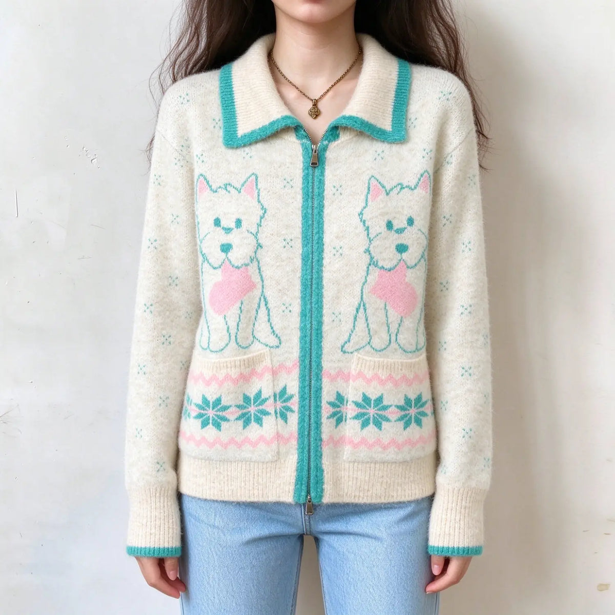 Female model wears cream zip up knit cardigan, teal trim collar and cuffs, two west highland terrier dog jacquard patterns on front, snowflake and wavy stripe hem, front full torso shot