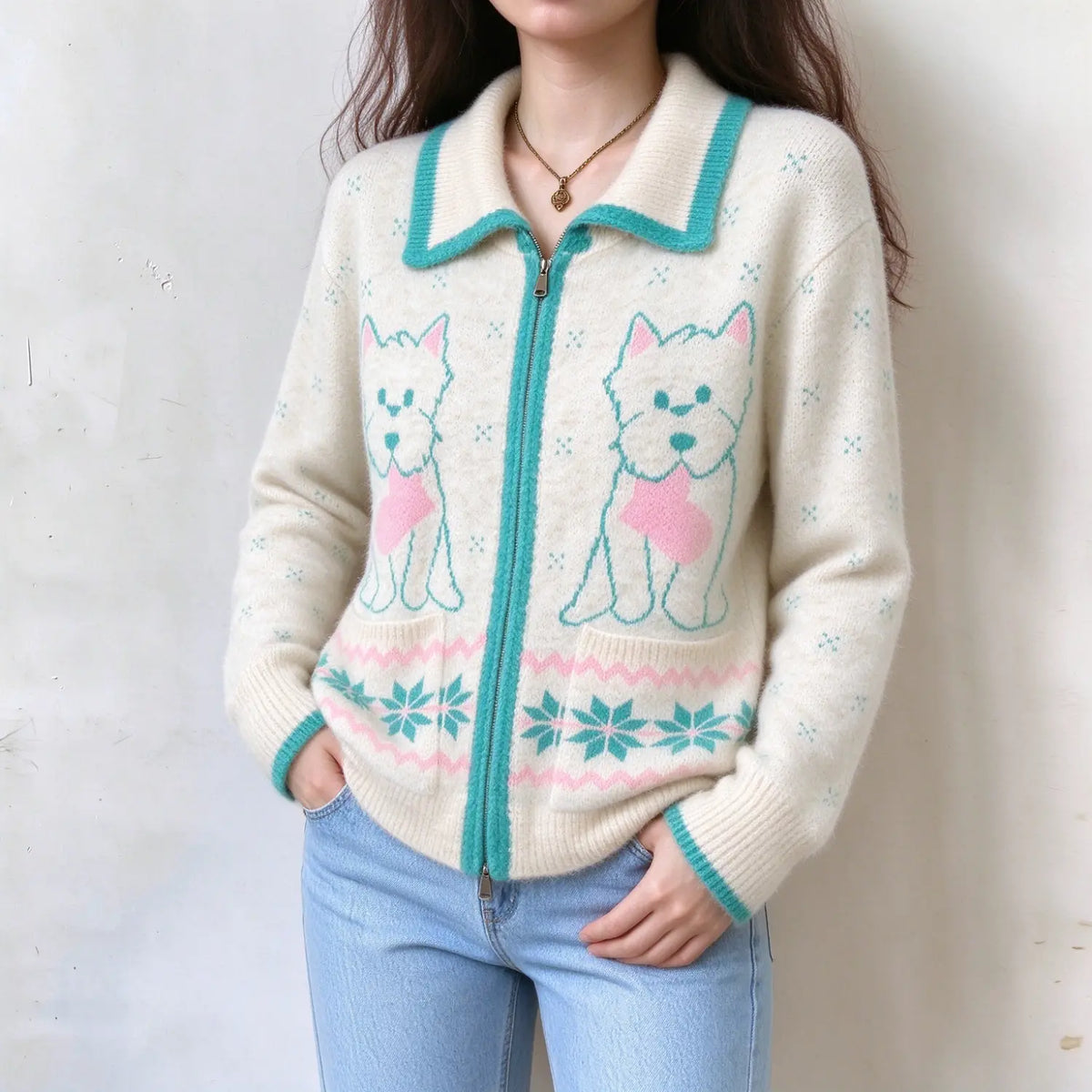 Female model wearing jacquard dog knit zip cardigan, collared design with teal piping, two front patch pockets, model puts hands into jeans pockets to show casual fit
