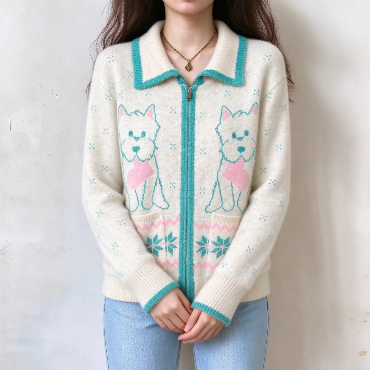 Female model in cute westie dog knit zip cardigan, off-white fuzzy knit fabric, teal placket, front dog graphic, pink and turquoise snowflake pattern, hands clasped in front