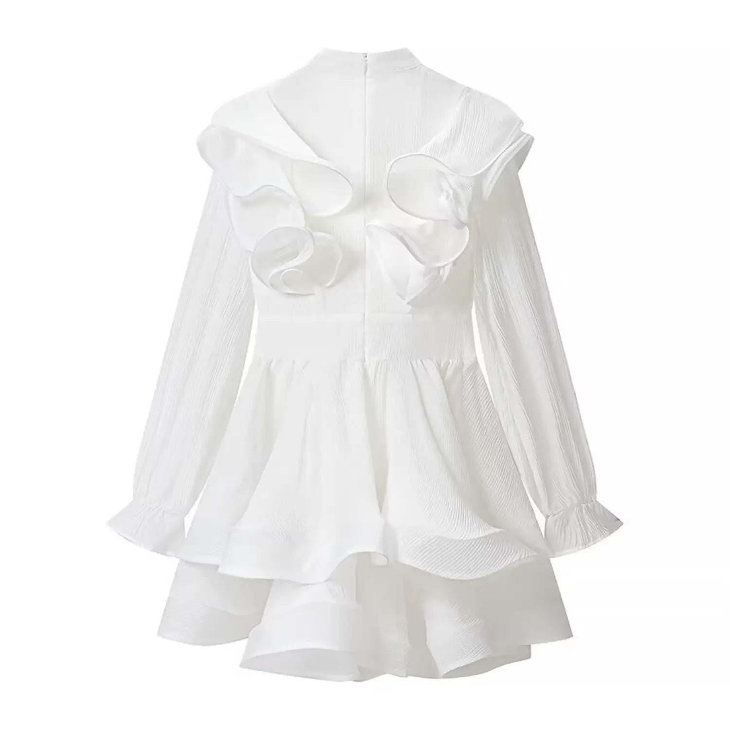 Flat lay back view of white long sleeve mini dress with back zipper and 3D flower decoration