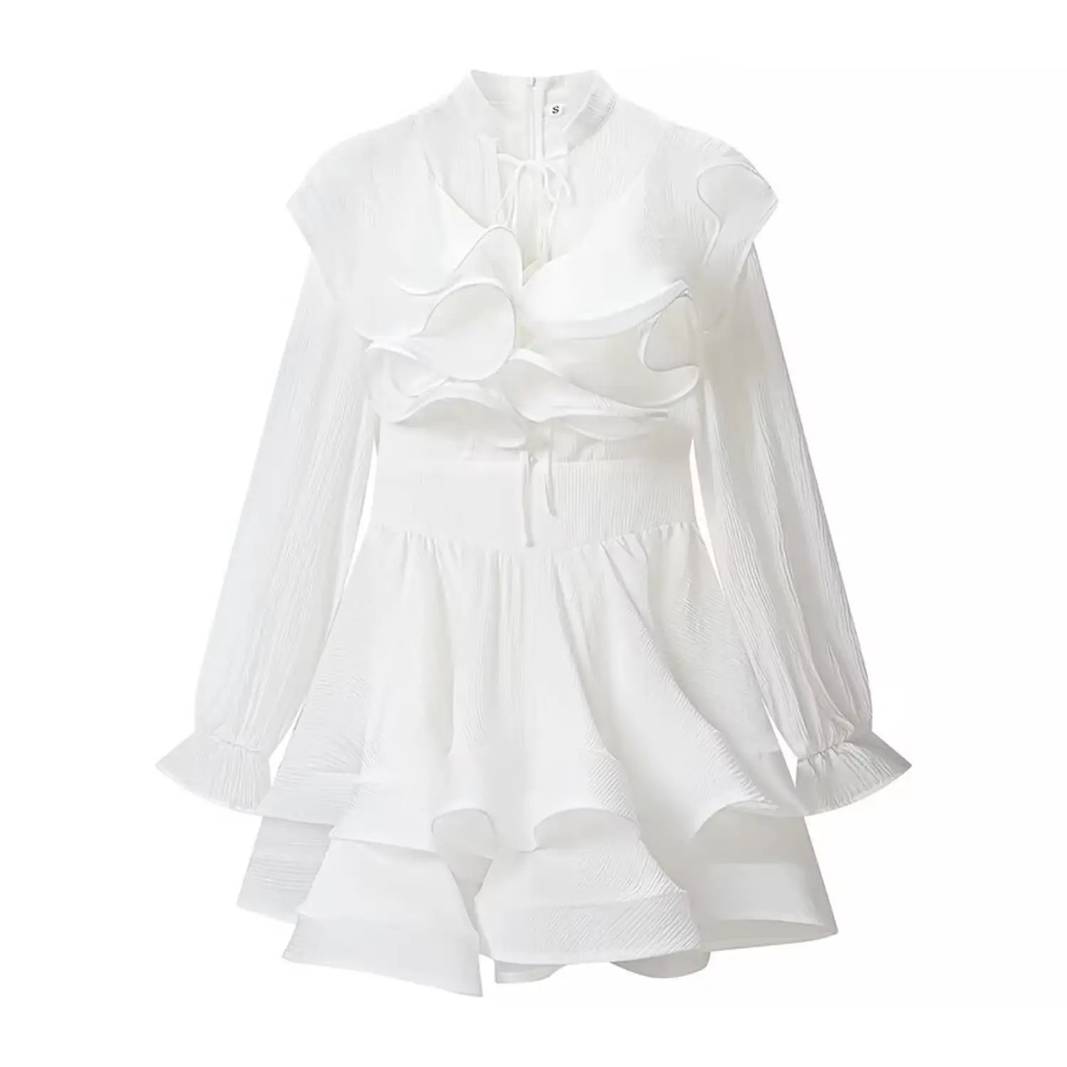 Flat lay front view of white stand collar long sleeve mini dress decorated with three-dimensional floral ornaments and double-layer ruffle hem