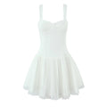Full front view of the dress with corset-style bodice, lace-trimmed neckline, and tiered tulle skirt.