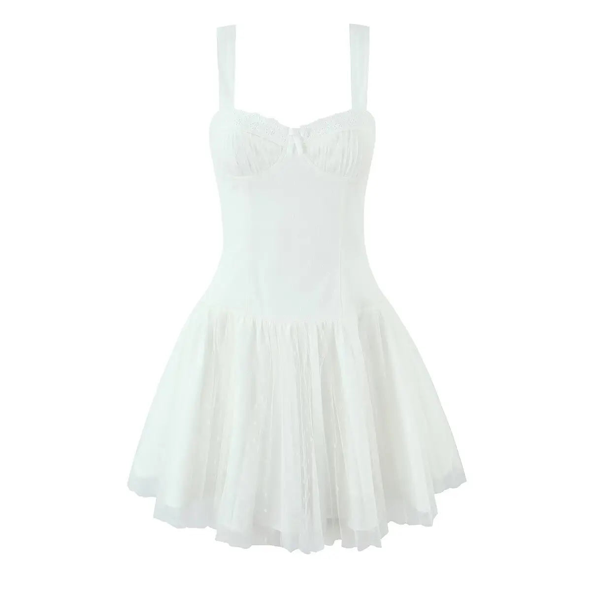 Full front view of the dress with corset-style bodice, lace-trimmed neckline, and tiered tulle skirt.