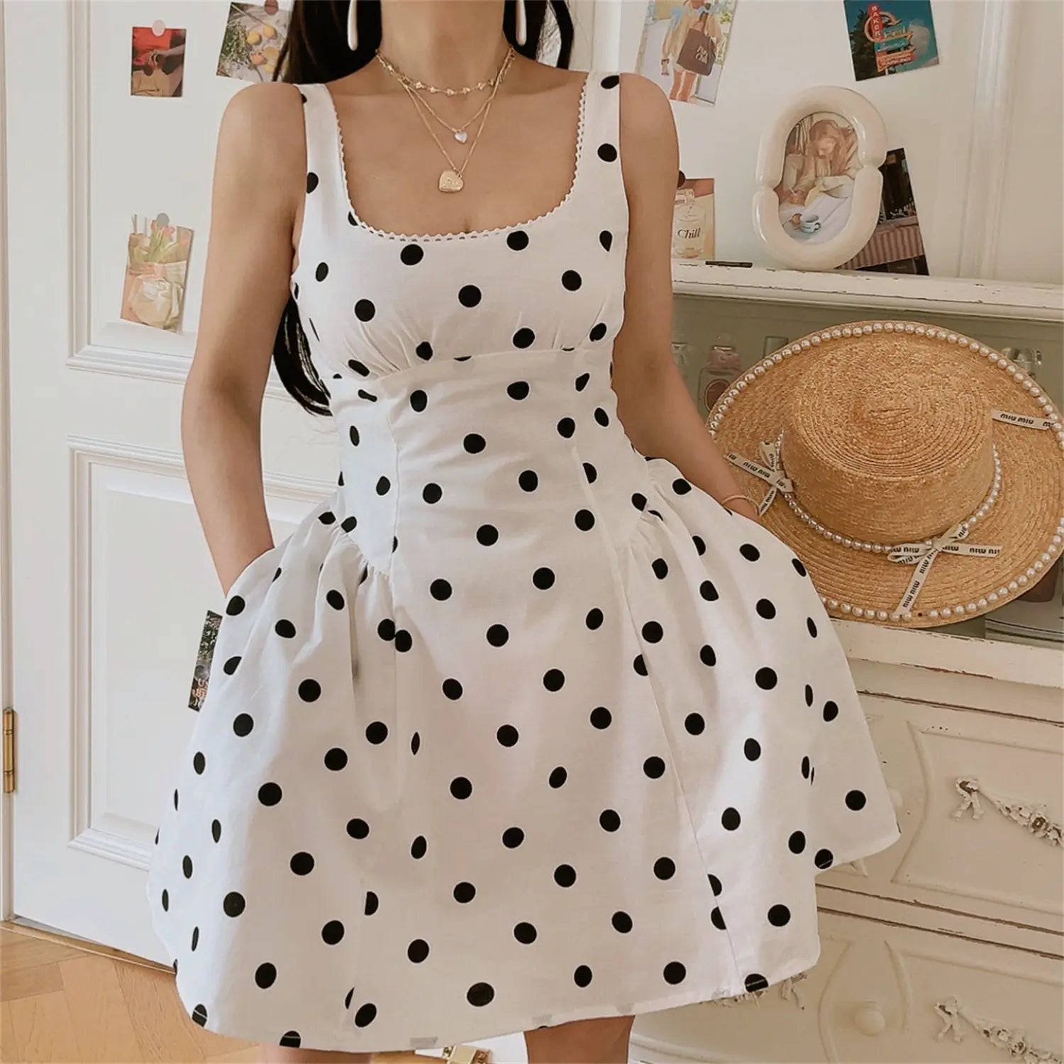 White Black Polka Dot Square Neck Sleeveless Mini Skater Dress – dingdingly