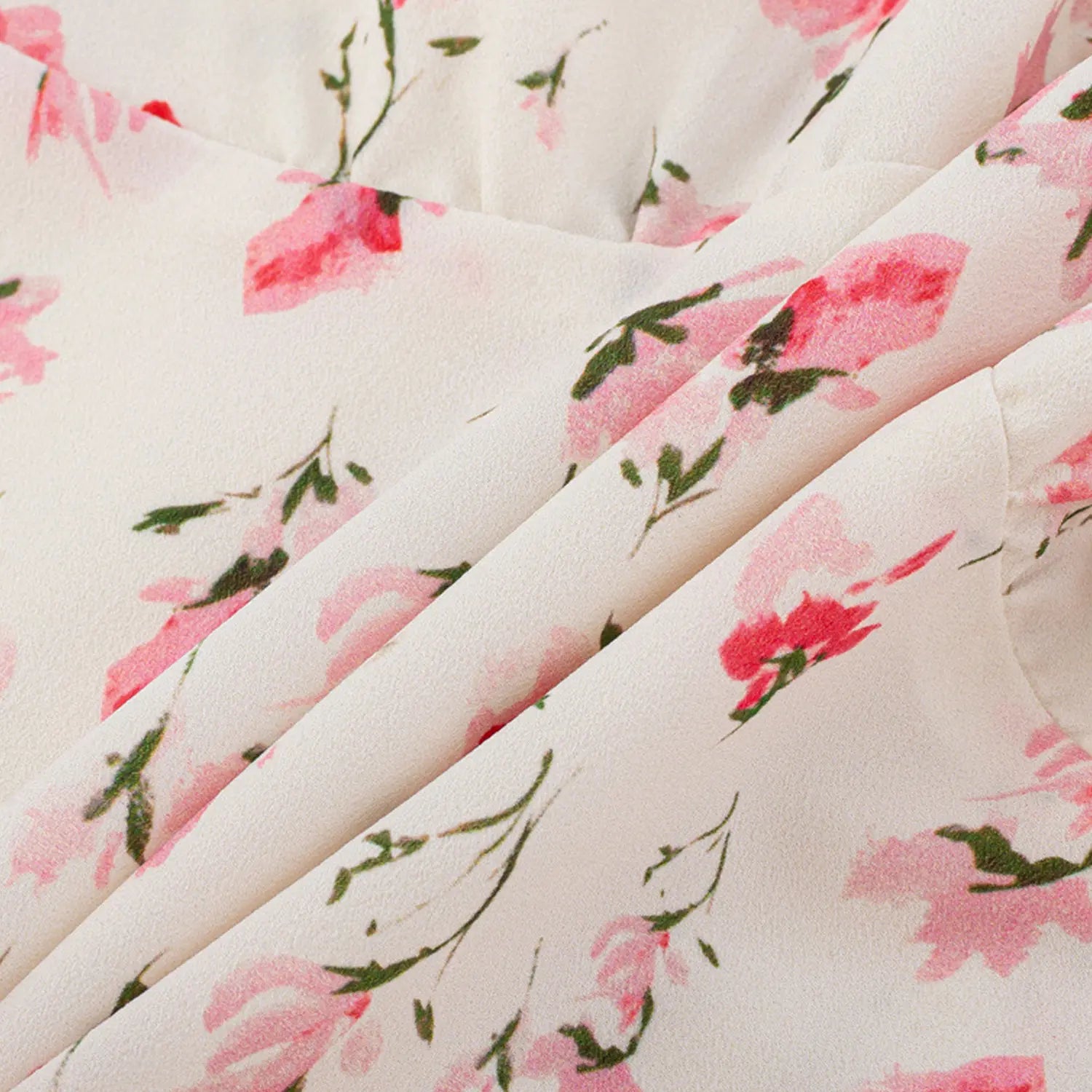 White base pink watercolor flower chiffon fabric macro shot, soft wash print drape woven fabric wrinkled flat lay detail