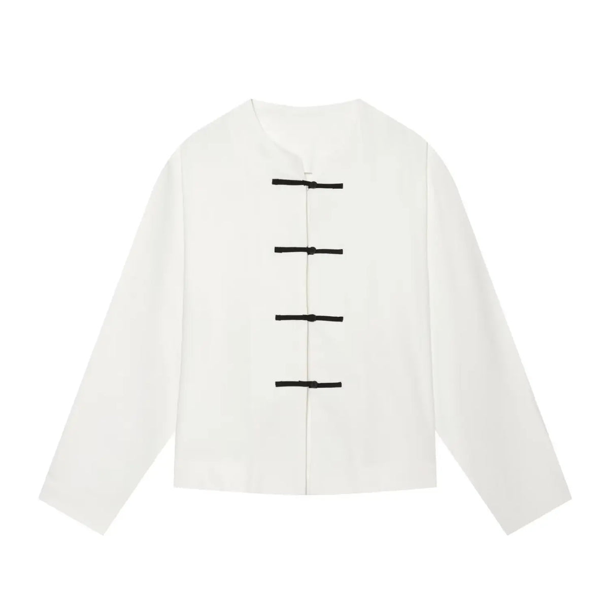 Front flat lay of white round neck cropped shirt with black frog buttons