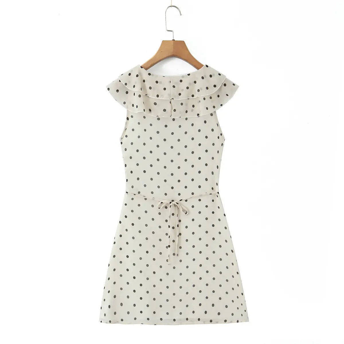 Full back view of the dress, showing the ruffled back neckline and waist tie closure on the white base.