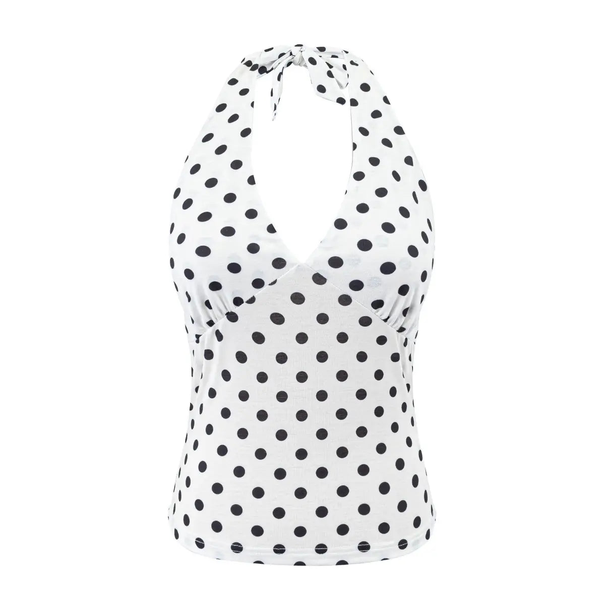 Flat view of a white halter tank top with black polka dots, featuring a V-neck, gathered bust, and tie closure at the neck.