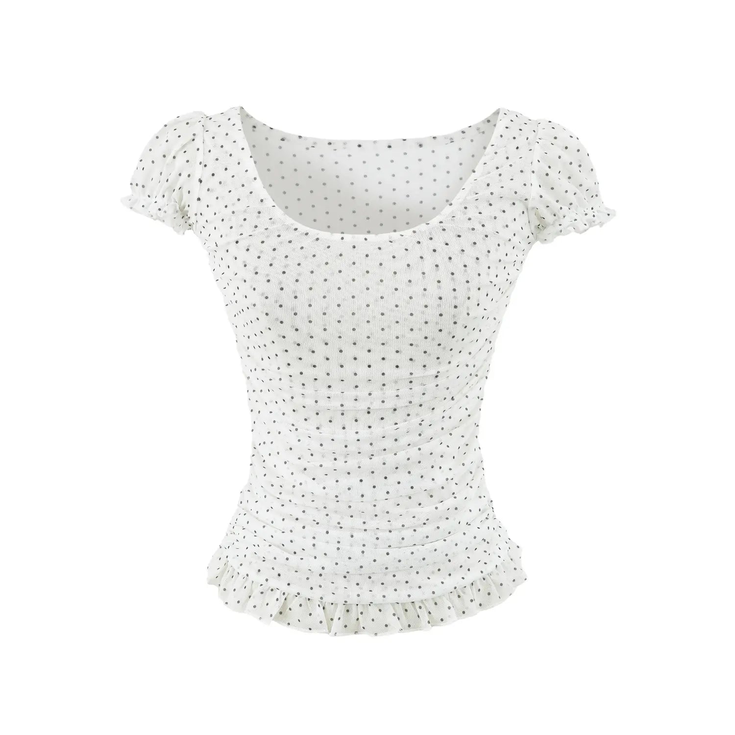Studio cutout photo, white mesh top with black polka dots, square scoop neck, bubble short sleeves, side ruching and frilled hem