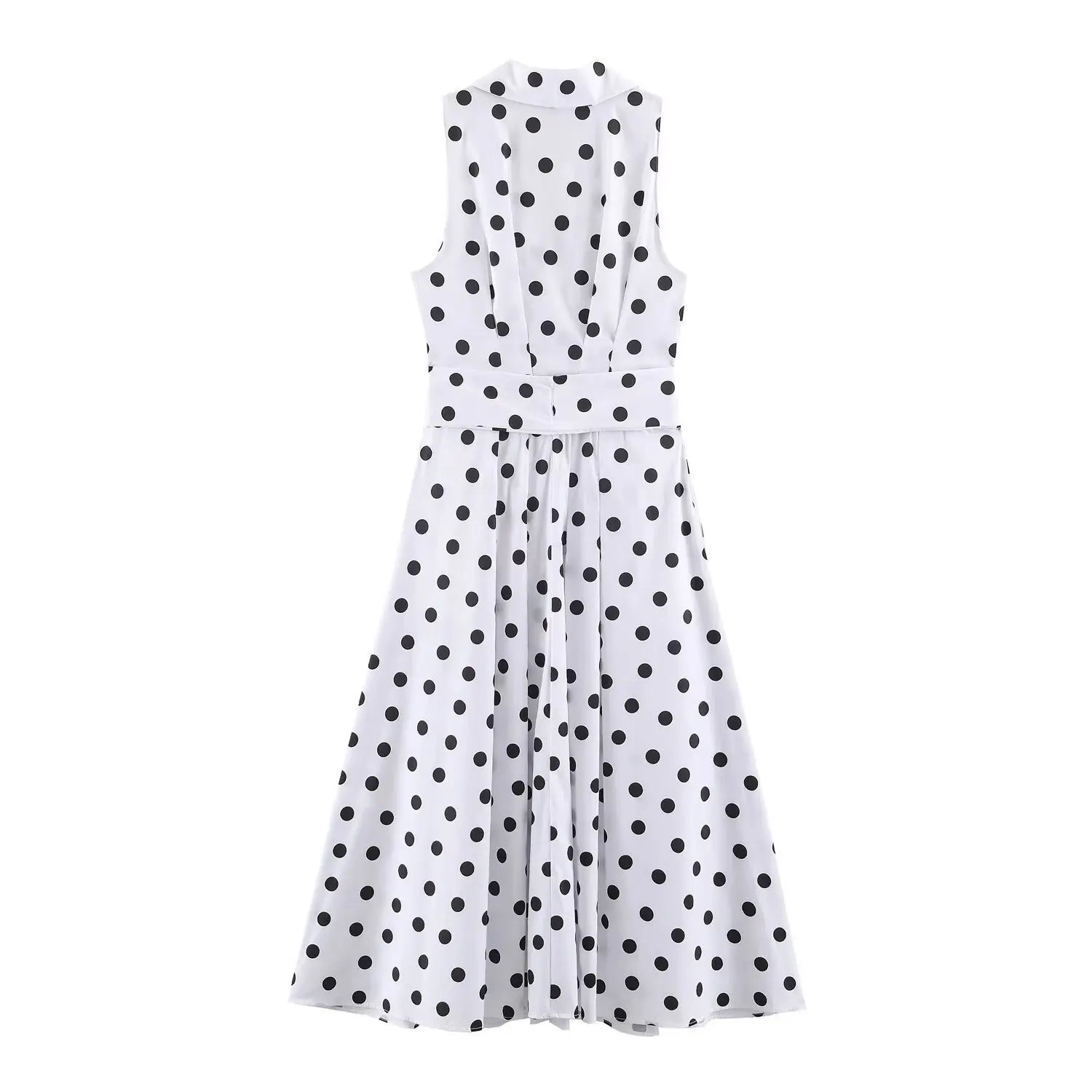 Flat lay back view white sleeveless maxi dress with black polka dots, back waist closure