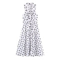 Flat lay front view white sleeveless maxi dress with black polka dots, wrap v neck, self tie waist sash