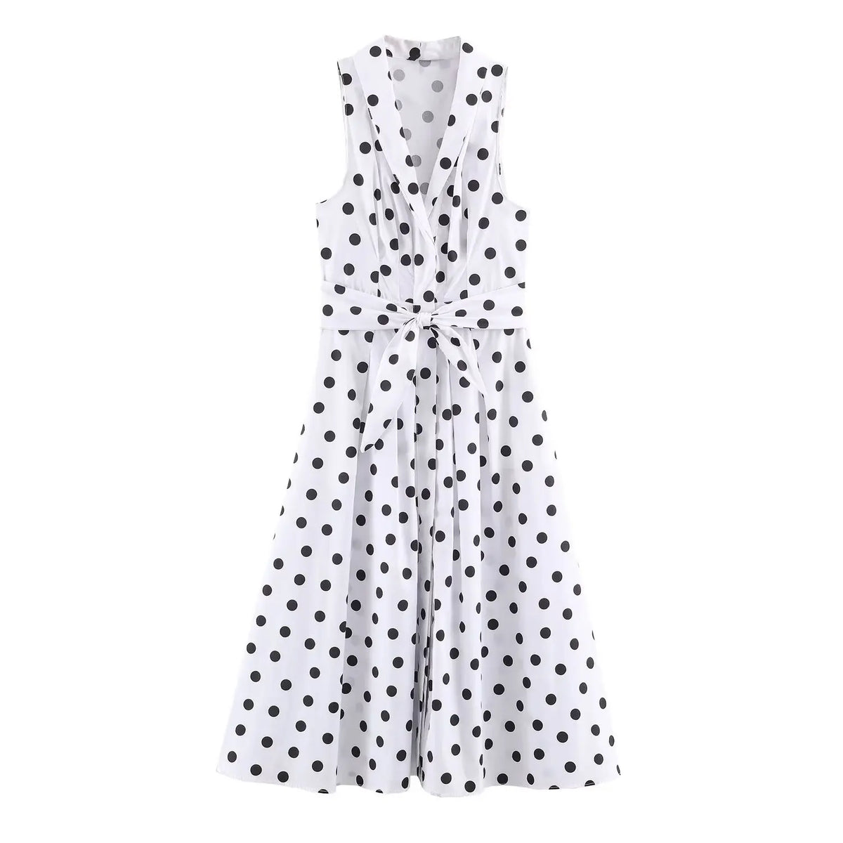 Flat lay front view white sleeveless maxi dress with black polka dots, wrap v neck, self tie waist sash