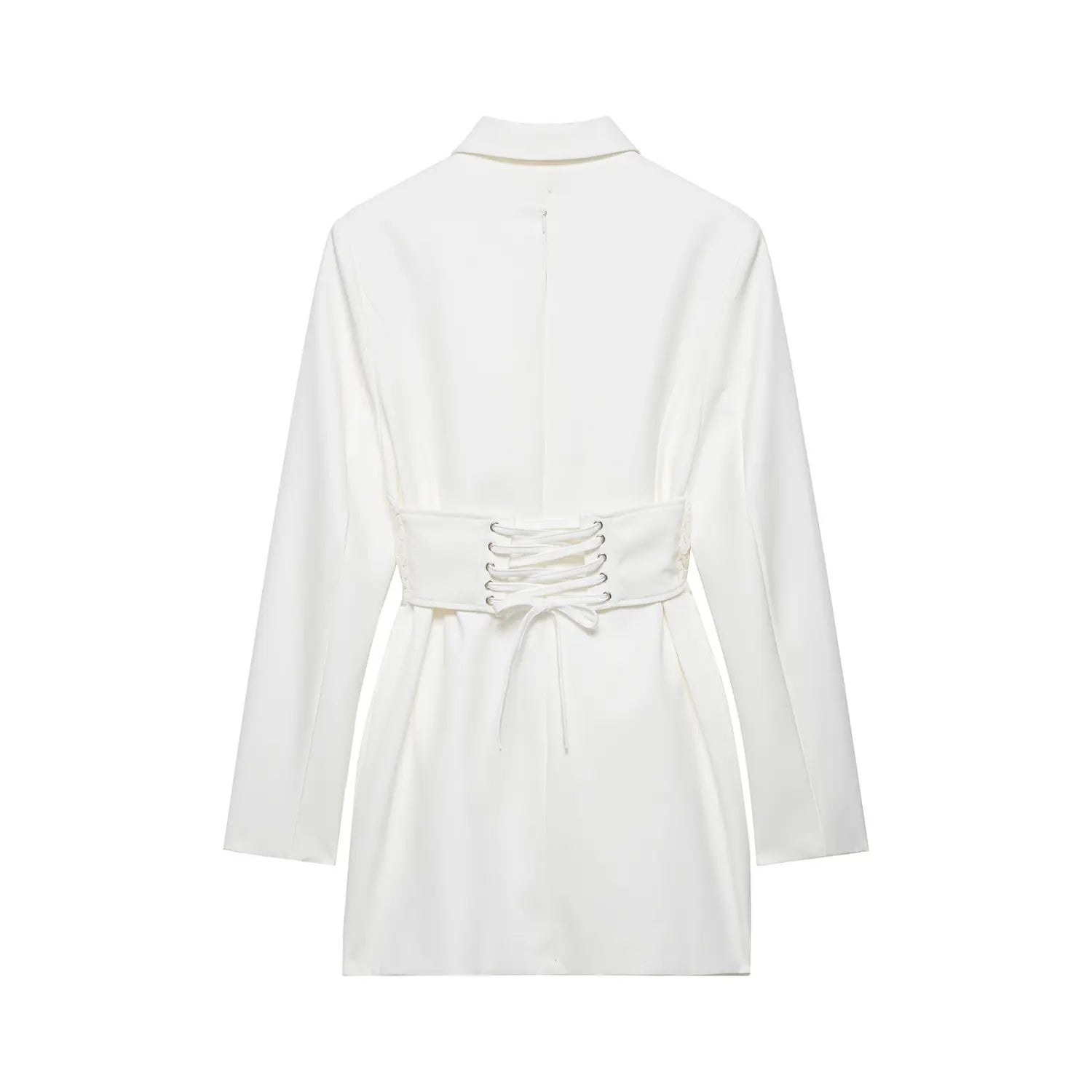 Back close-up of white blazer dress, lace-up corset belt with metal eyelets and bow tie