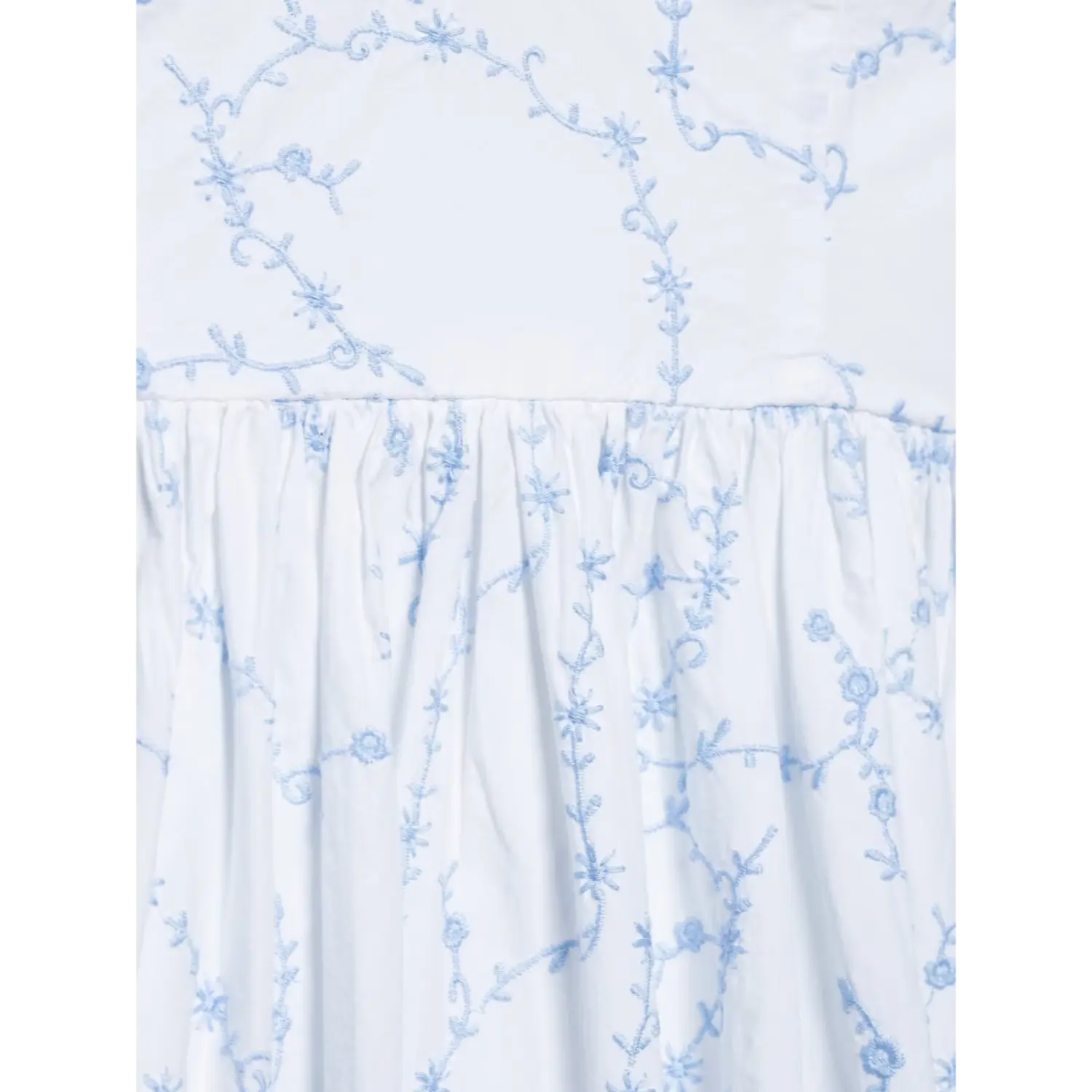 Waist gathering seam detail white cami dress with blue flower vine embroidery