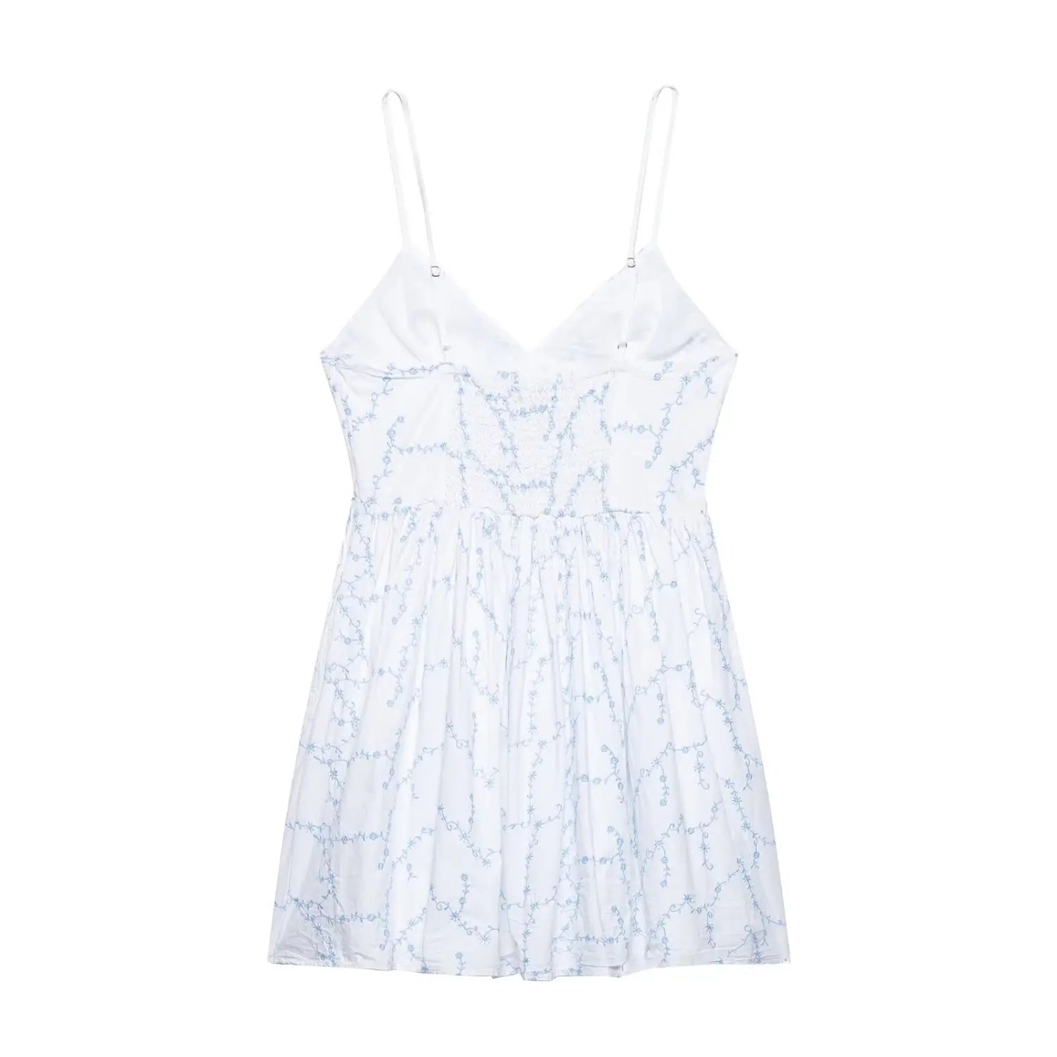 Back flat view white embroidered cami mini dress, adjustable straps and smocked waist panel