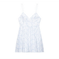 Front flat lay white mini slip dress with light blue vine floral embroidery, v-neck spaghetti straps