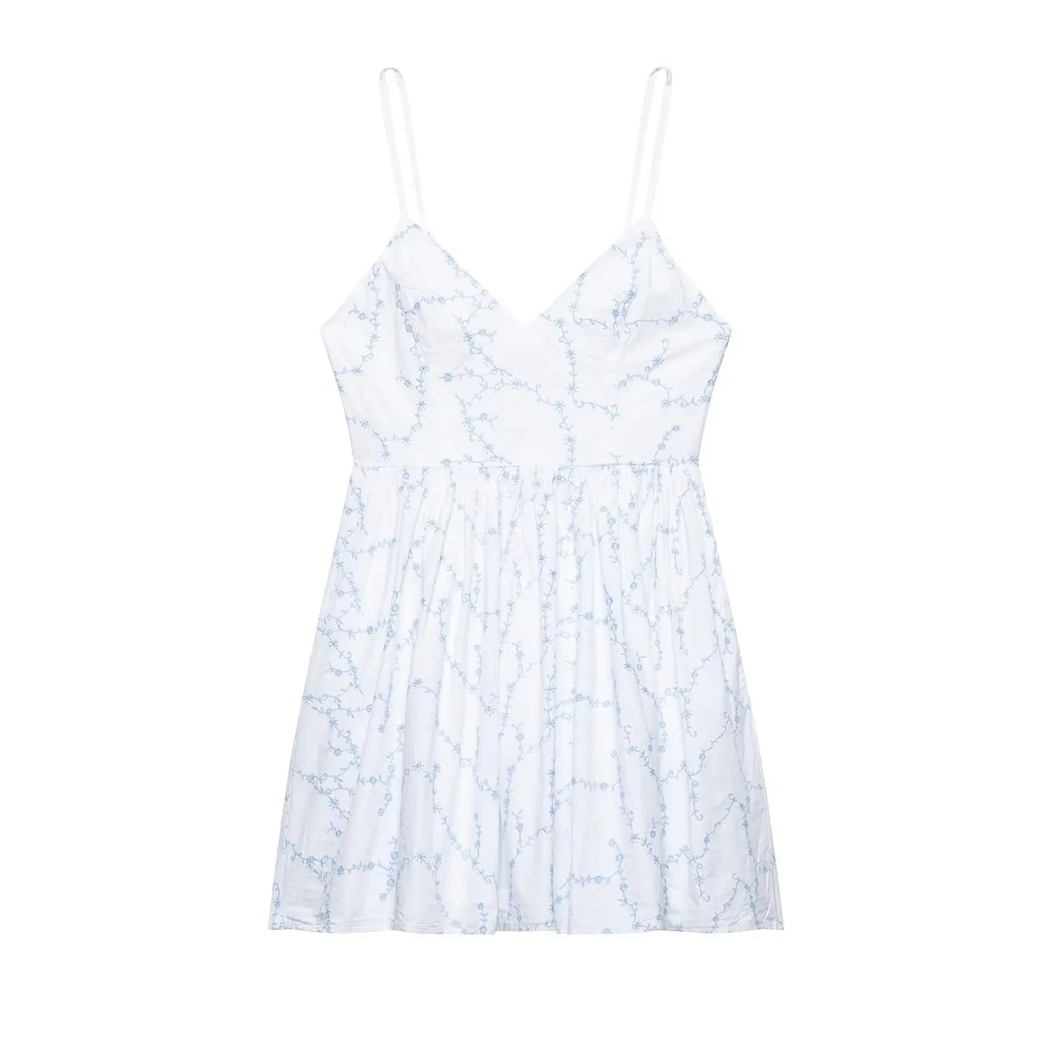 Front flat lay white mini slip dress with light blue vine floral embroidery, v-neck spaghetti straps