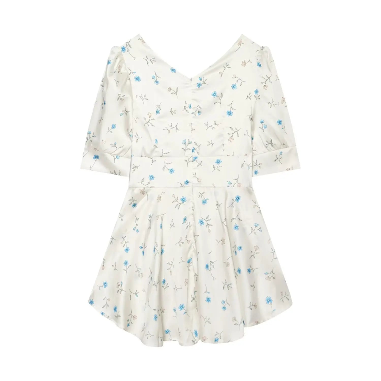 White floral mini dress back view, V-back, invisible zipper, fitted waist, blue wildflower print satin fabric