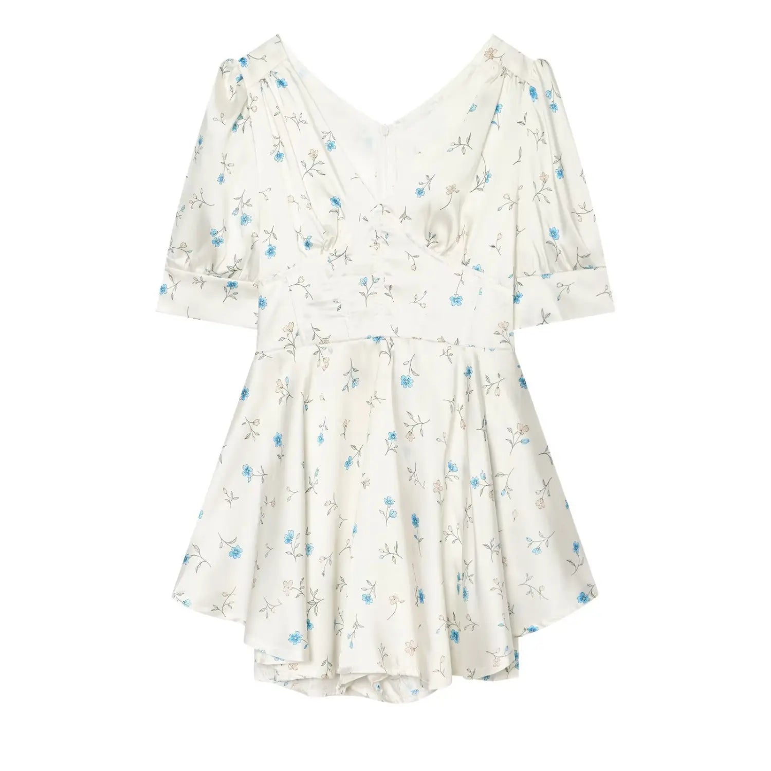 White satin mini dress with blue floral print, deep V neck, puff elbow sleeves, corset waist, front view on white background