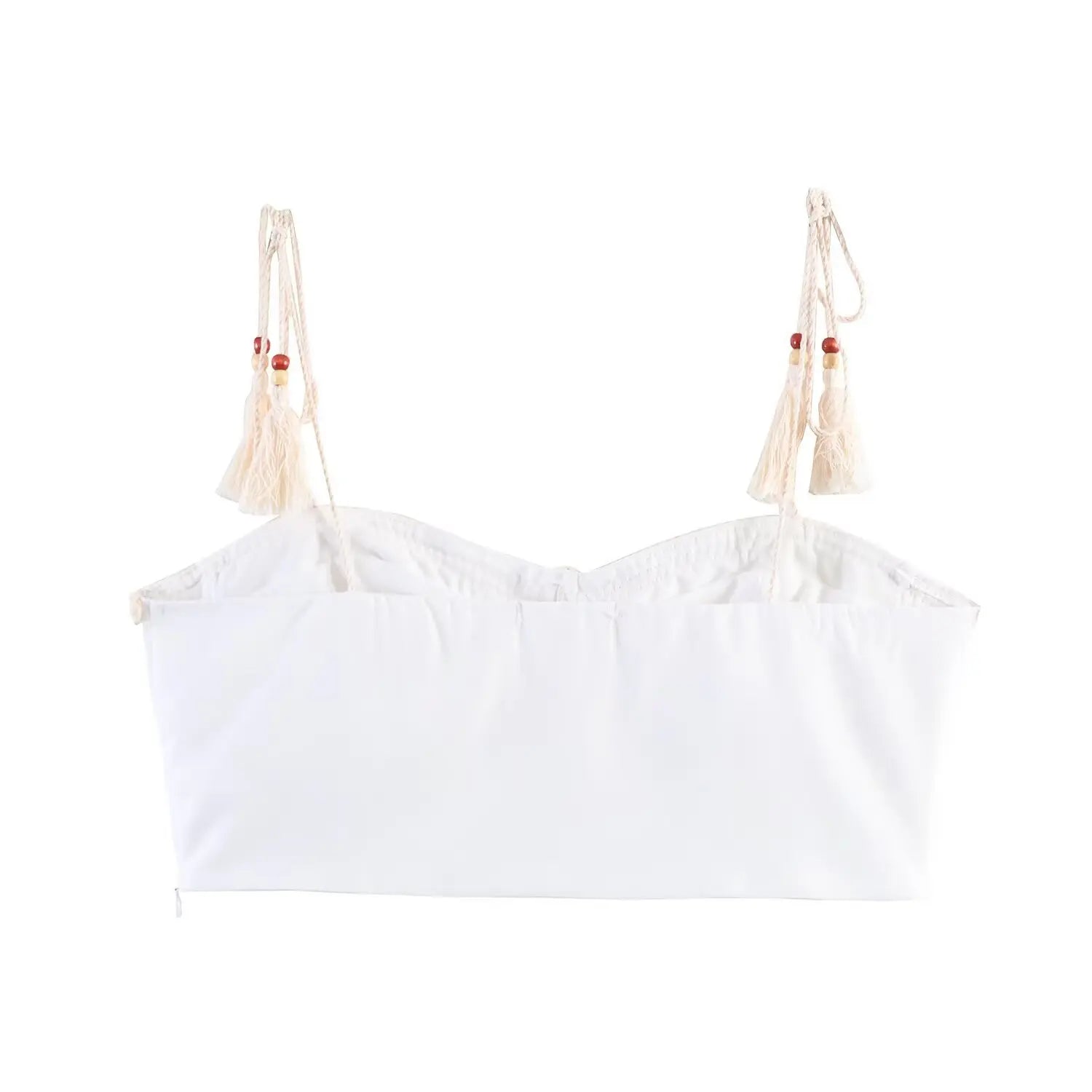 Back view isolated white background, white cropped cami top with full smooth back lining and adjustable tassel shoulder straps