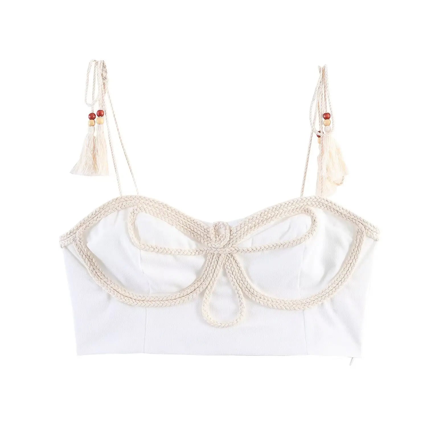 Front view isolated white background, white boho cropped camisole top with woven rope butterfly appliqué and beaded tassel tie spaghetti straps