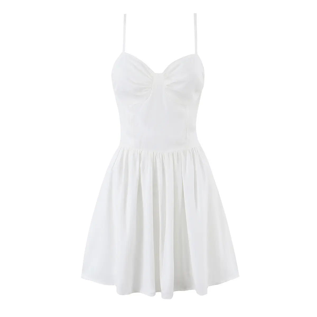 White bow-front cami skater mini dress, full front view on white background