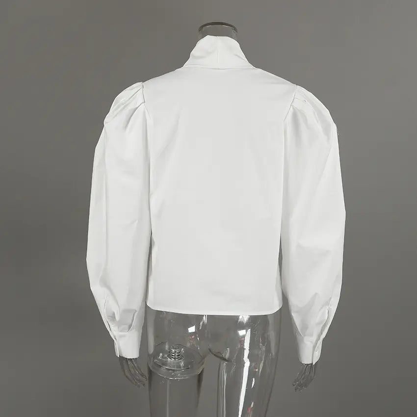 White bow neck puff sleeve cropped blouse on mannequin, back view