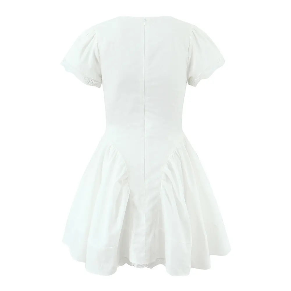 White bow v neck lace trim mini dress, back flat lay