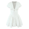 White bow v neck lace trim mini dress, front flat lay