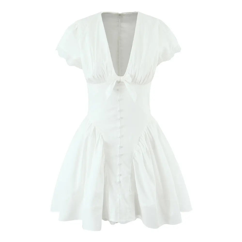 White bow v neck lace trim mini dress, front flat lay