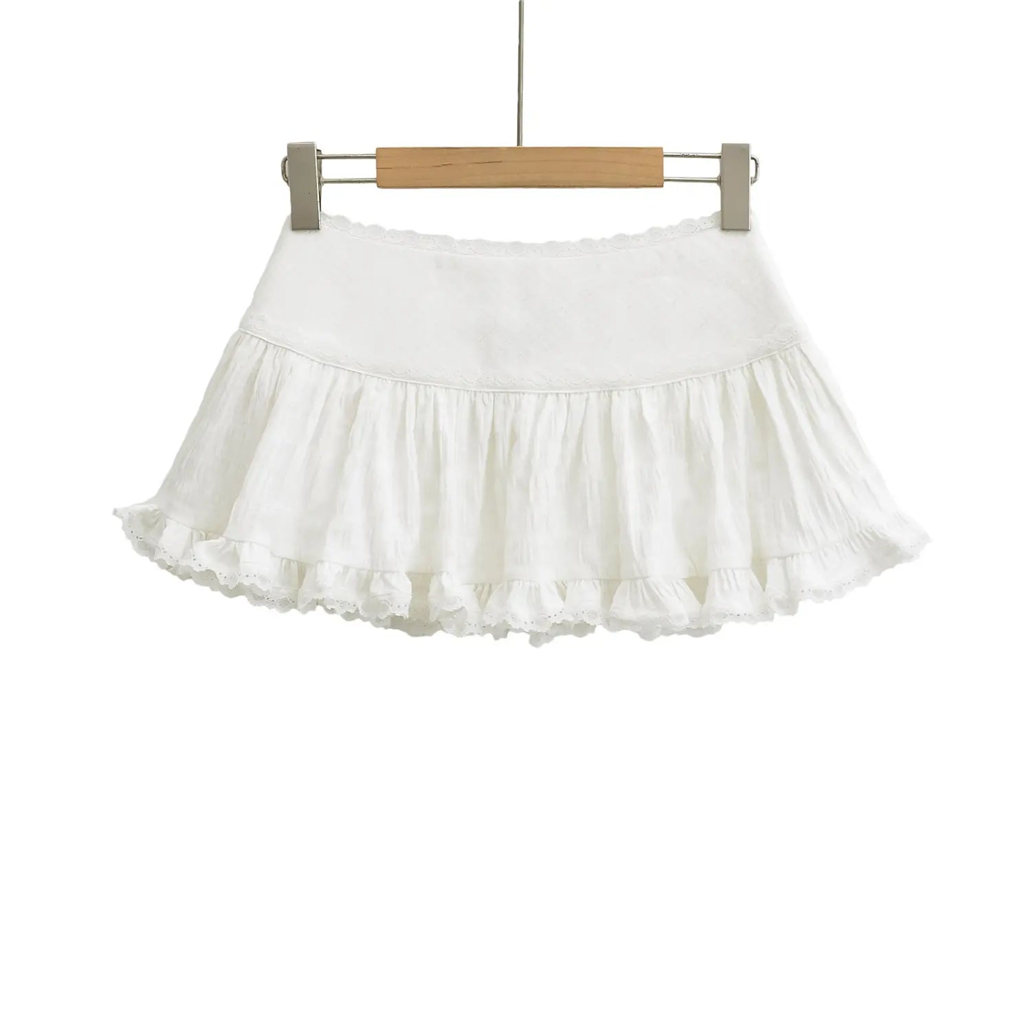White textured lace cake mini skirt single white flat lay, high waist lace waistband uniform 3D gathered swing hem double eyelet lace bottom full single product flat shot