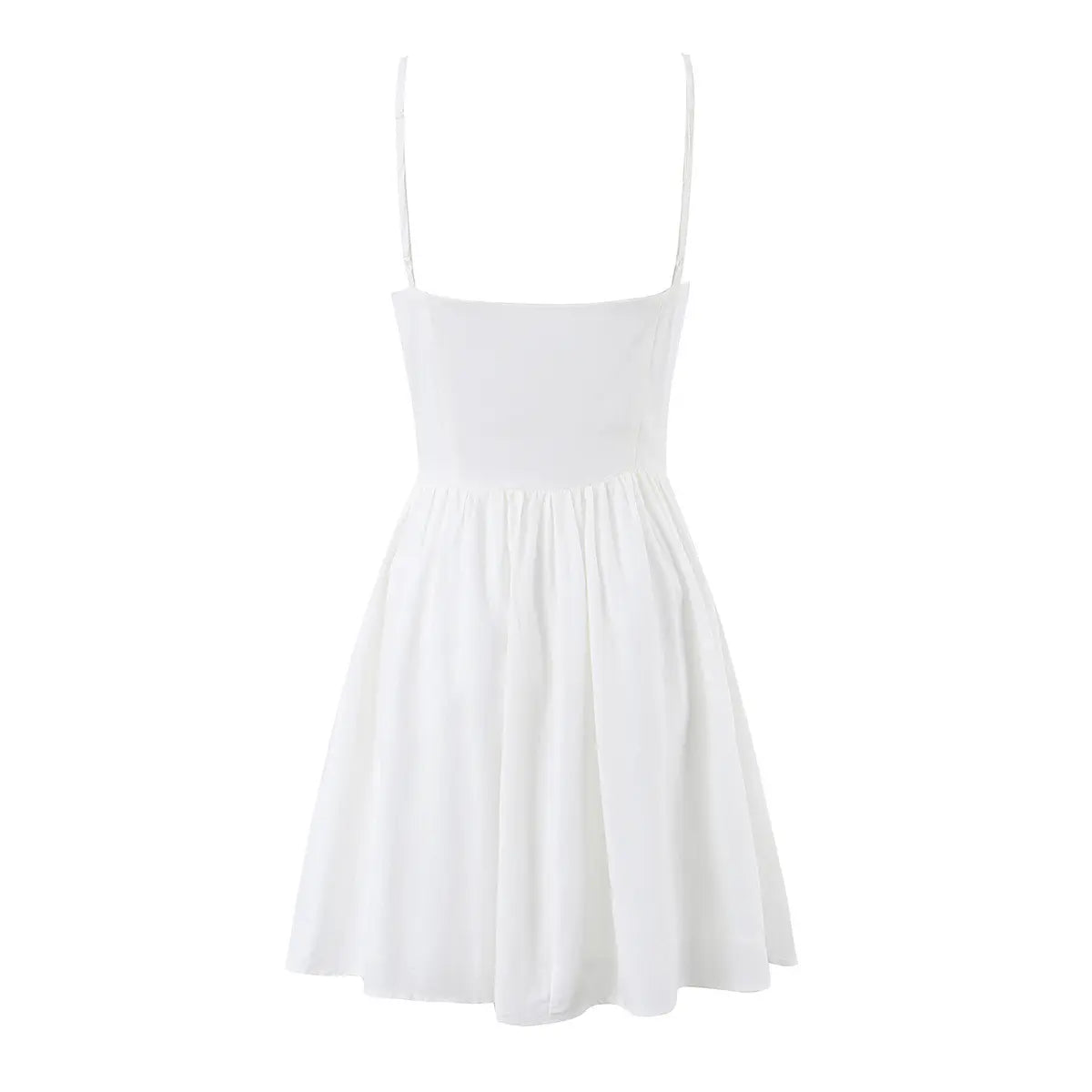 White cami skater mini dress, full back view on white background