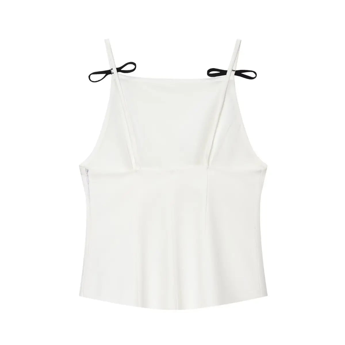Full back view on white background of white camisole with black bow strap details