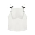 Full front view on white background of white camisole with black bow strap details