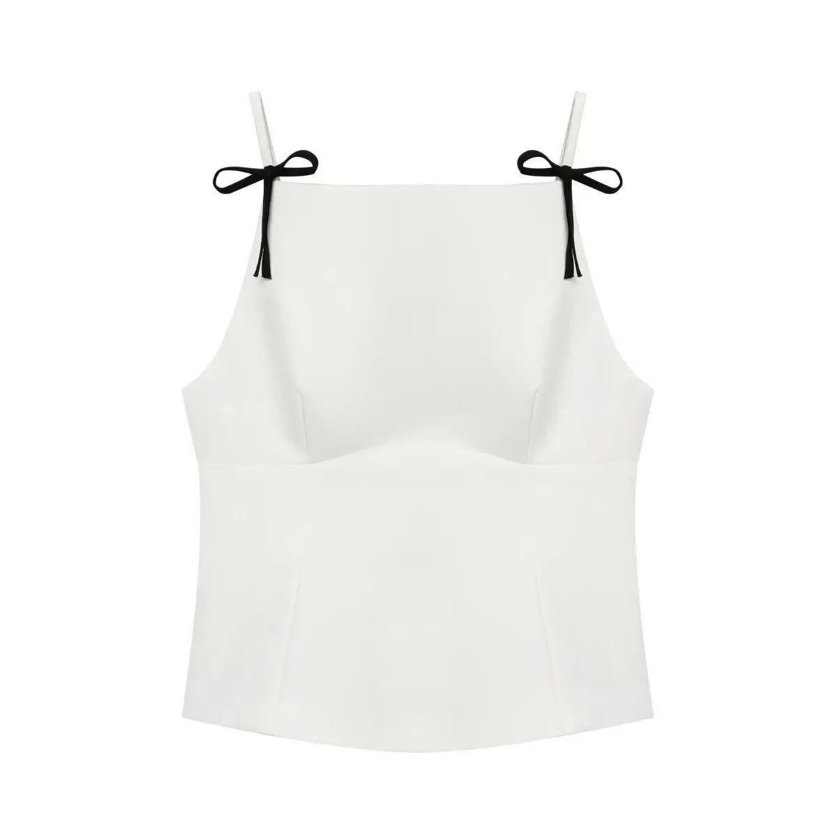 Full front view on white background of white camisole with black bow strap details