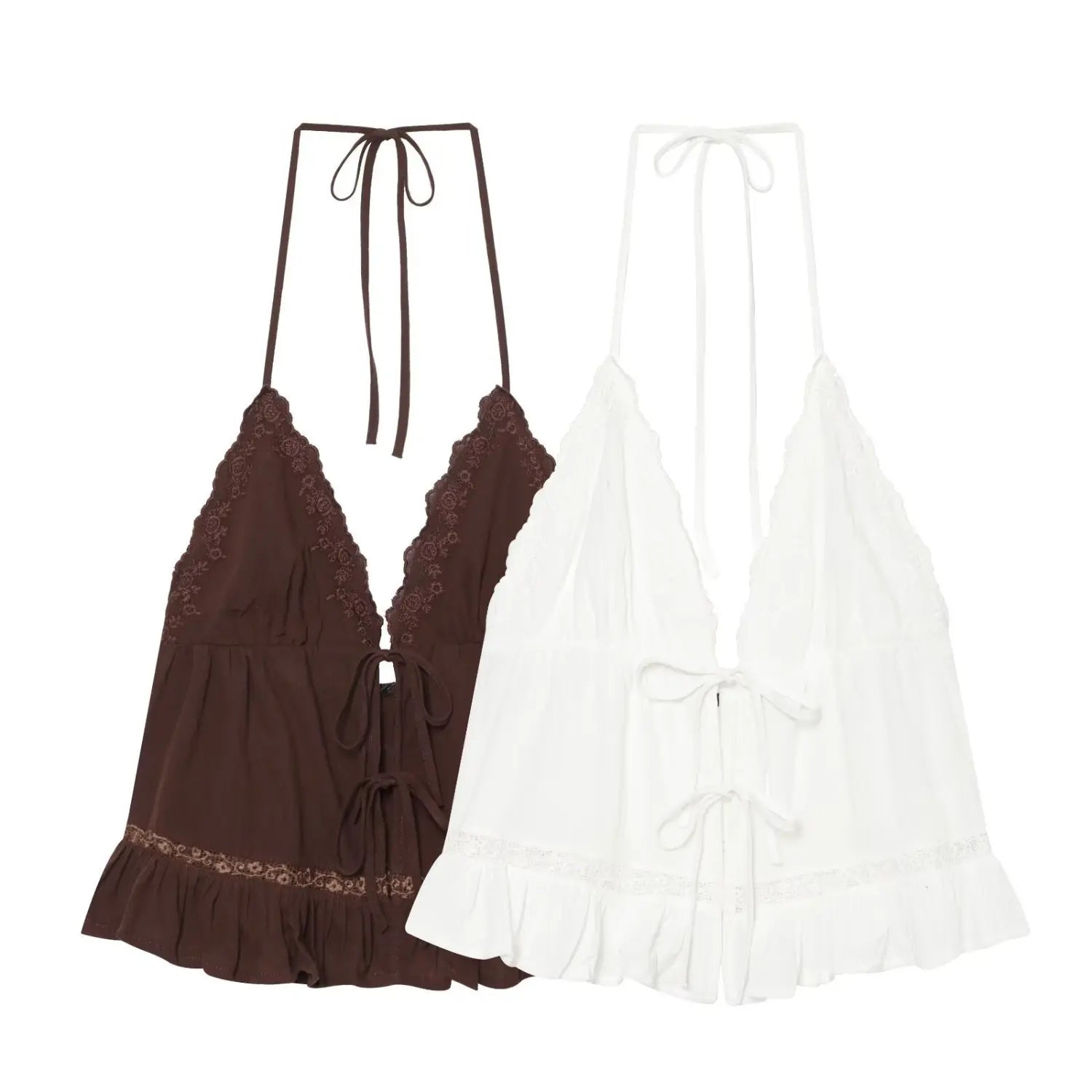 Two color flat comparison shot, white vs coffee brown halter cami set, same lace & tie design, side-by-side display