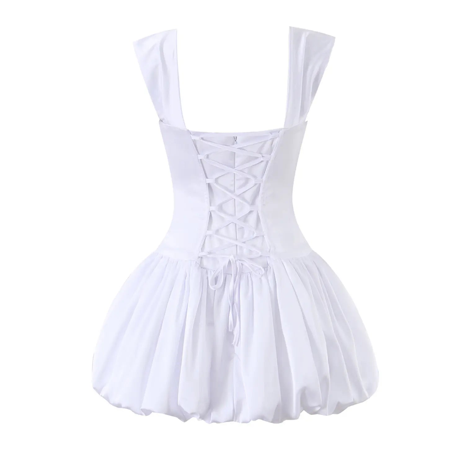 Back flat shot of white satin corset mini dress with criss cross lace up tie back and wide shoulder straps