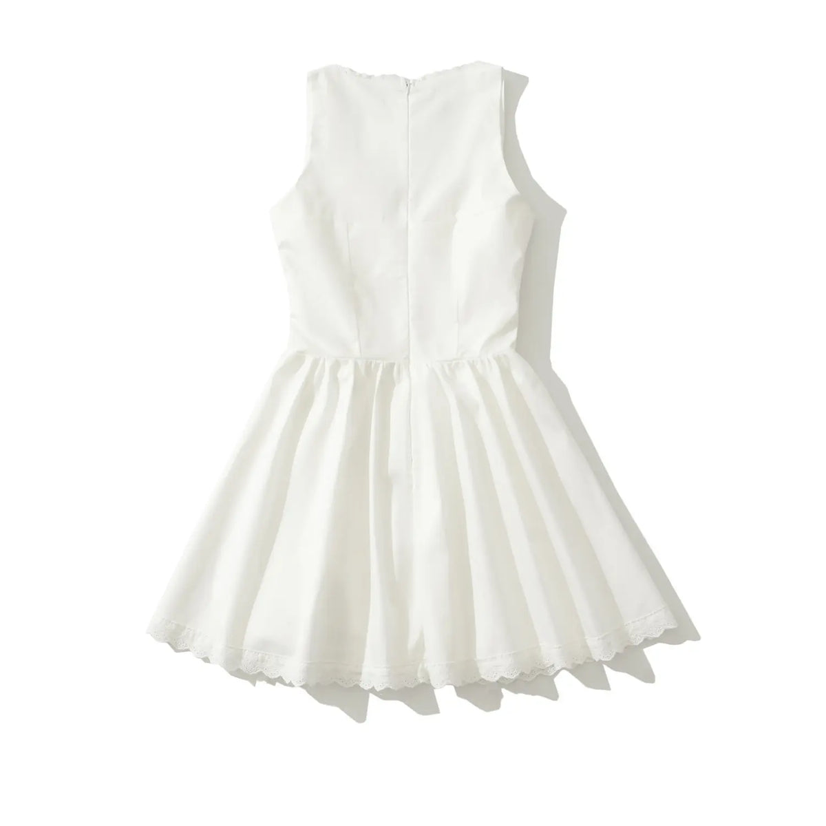 Back view of white sleeveless corset mini dress, invisible back zipper, fitted waist, flowy pleated skirt with lace trim