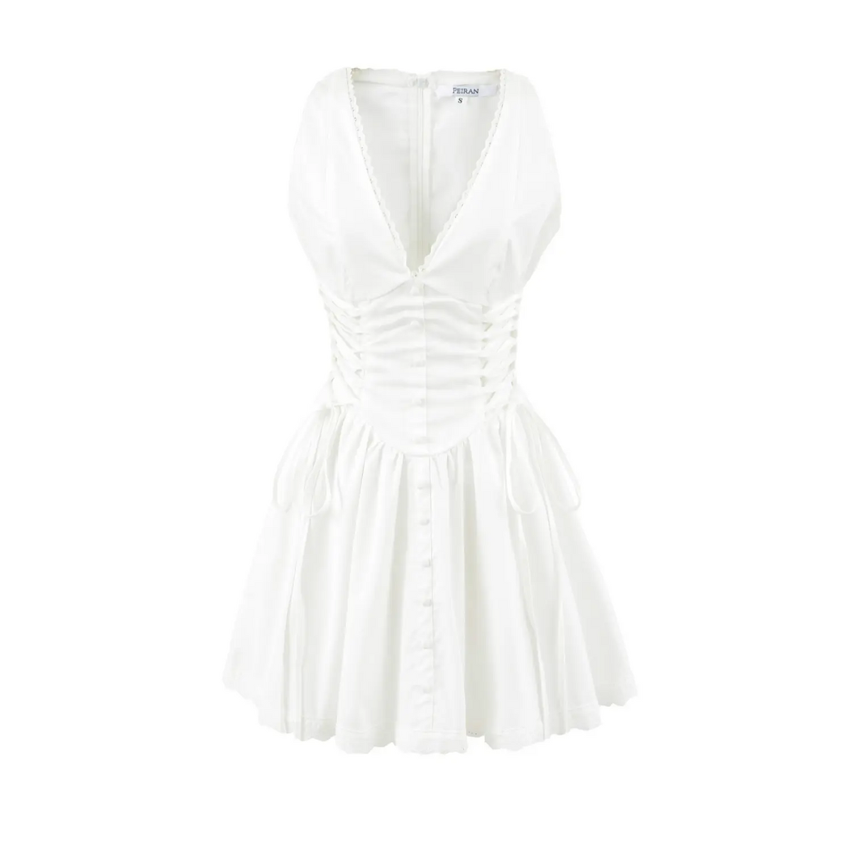 Front view of white sleeveless corset mini dress, deep v neck with lace trim, side lace-up detail, front button placket, flared skirt with lace hem