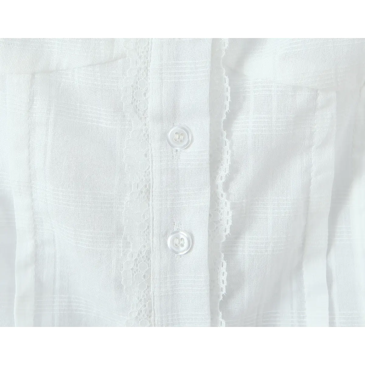 Close-up of the front button placket with decorative lace trim.