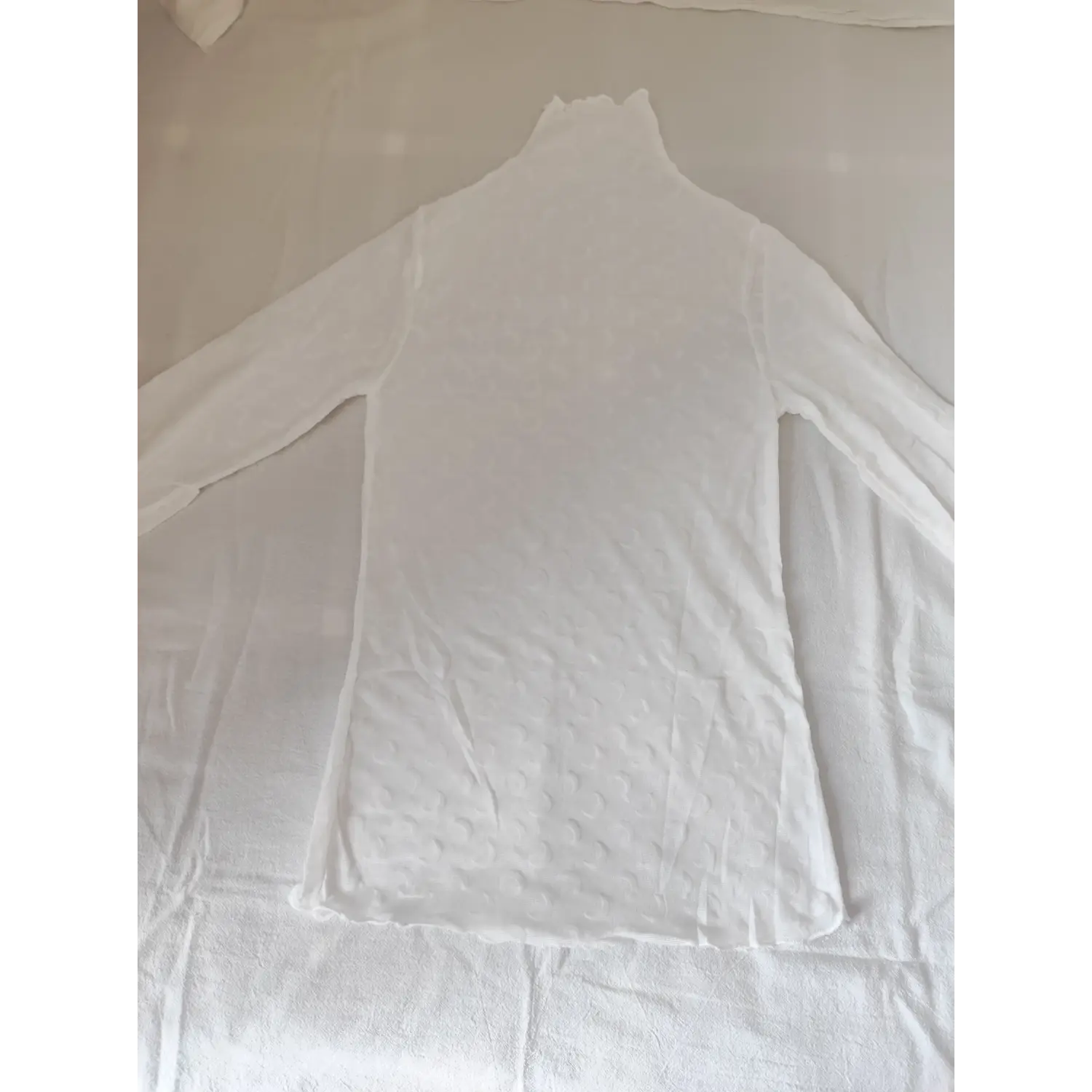 Flat lay front view white sheer mesh high neck top all over moon print