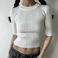 Model front view, white crew neck mid sleeve ribbed knit crop top, stretch knit cropped blouse