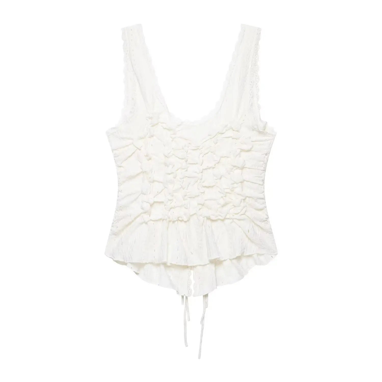 Flat‑lay partial front view of white textured camisole top, scalloped lace edge straps, ruched bodice, peplum ruffle hem, white background