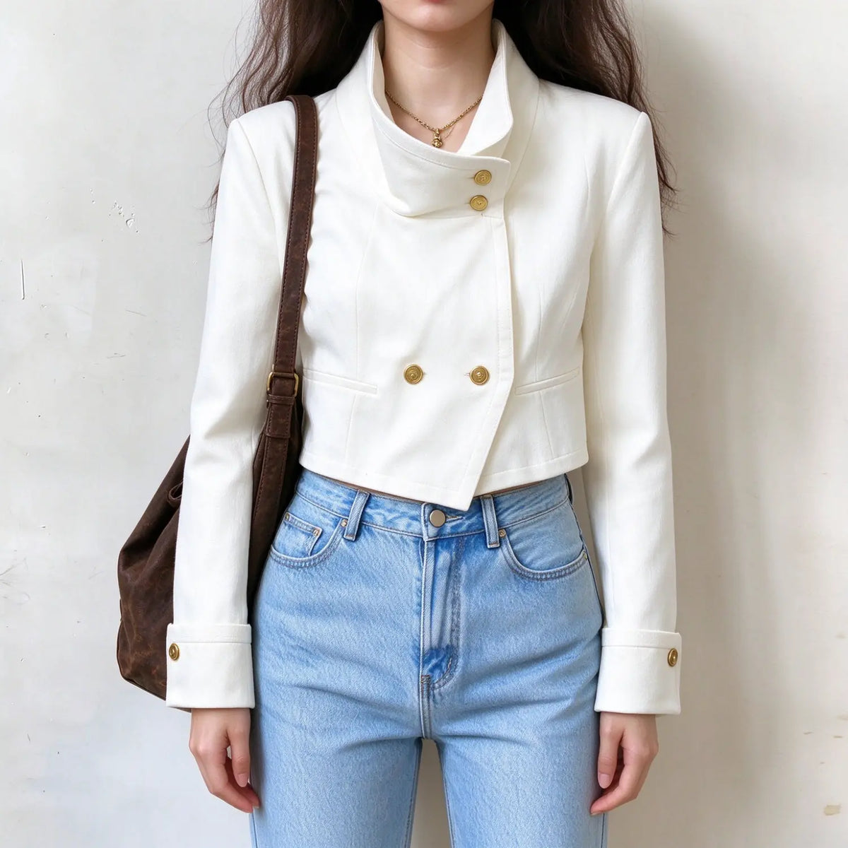 Female model wears white cropped stand collar jacket, asymmetric double breasted gold buttons, long sleeves with gold cuff buttons, front torso shot