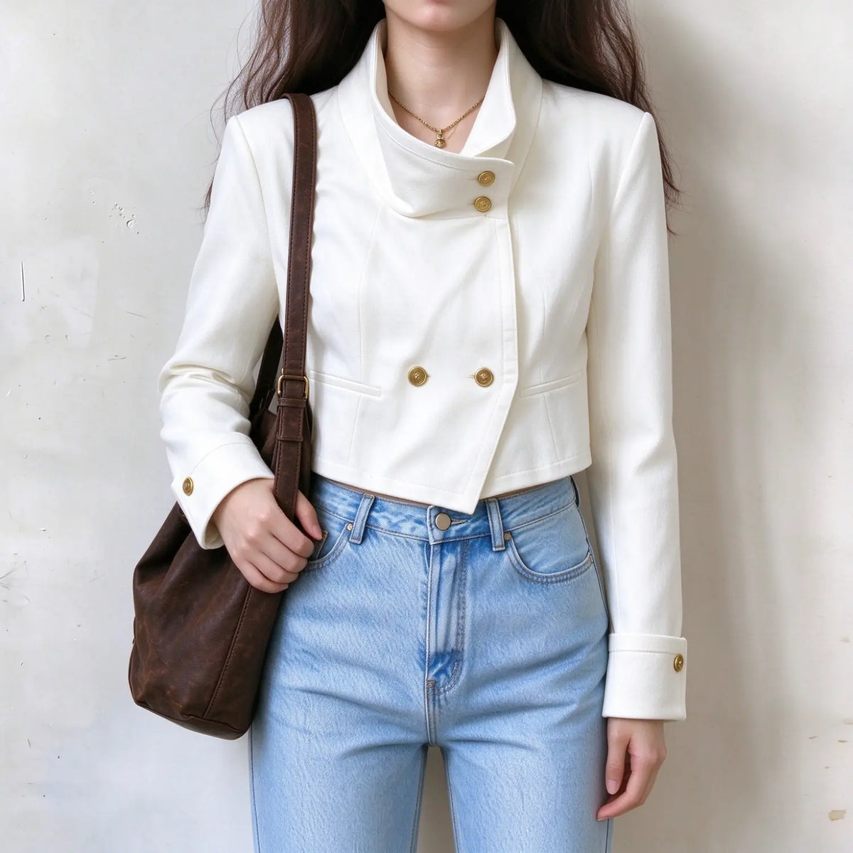 Female model wearing white cropped jacket, one hand resting in jeans front pocket, front view display of coat silhouette