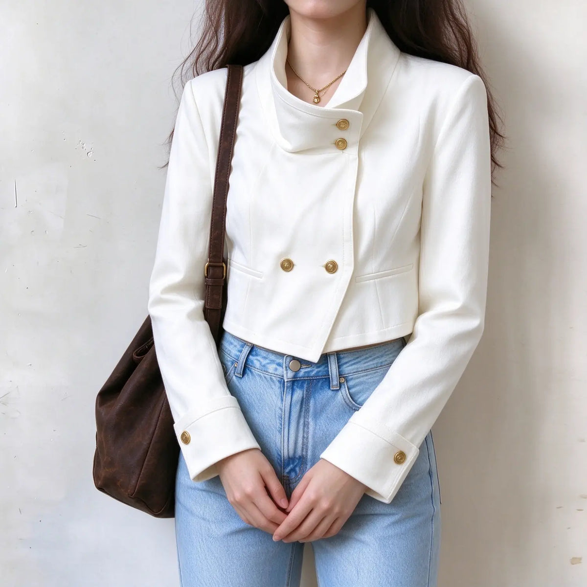 Female model in white cropped stand collar jacket, hands placed together in front, show tailored fit and gold button details